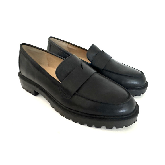 Banana Republic Vee-Strap Lugg Loafers 10-10.5 W Black Leather Chunky Lug Sole - Picture 1 of 14